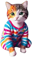 a cat is wearing a colorful striped shirt
