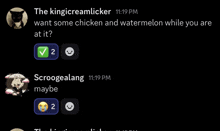 a screenshot of a conversation between the kingicreamlicker and scrogeealang