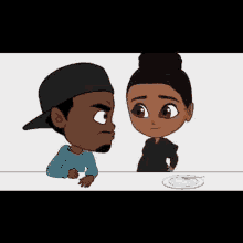 a cartoon of a boy and a girl sitting at a table .