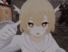 a cartoon girl is giving a thumbs up in front of a screen that says lakuza