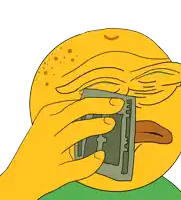 a yellow cartoon character is holding a dollar bill with the letter t on it