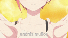 a girl with pink hair and blue eyes is praying with the name andres muñoz on the bottom