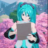 hatsune miku is holding a piece of paper in front of pink flowers and mountains