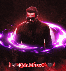 a man in a suit and tie is surrounded by a purple circle with the name mr. marco written on it