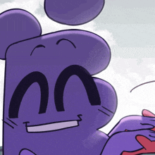 a cartoon drawing of a purple object with a smile on its face