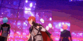 a group of anime characters are dancing on a stage in a room .