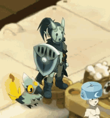 a cartoon character is holding a shield and standing next to a bird