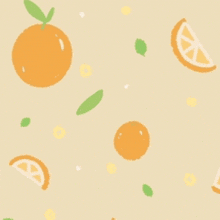 a seamless pattern of oranges and leaves on a tan background