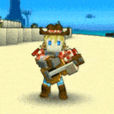 a cartoon character wearing a cowboy hat is holding a hammer and shield .