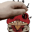 a hand is touching a cartoon character 's head with a red mask on .