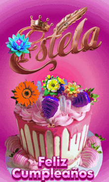 a birthday cake with flowers and the name estela on it