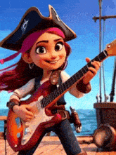 a girl in a pirate hat is holding a guitar