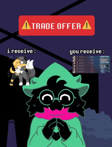 a cartoon drawing of a cat with a trade offer sign above it