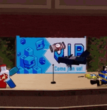 a person is standing in front of a microphone in front of a sign that says vip come join us .