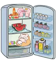 a cartoon drawing of an open refrigerator with two pigs standing on the shelves