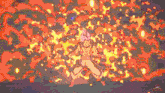 a cartoon character is standing in front of a large explosion of flames .