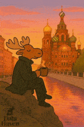 a moose is sitting on a rock with a cup of coffee in front of a russian building