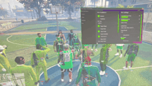 a group of people standing around a basketball court with a screen behind them that says " run audience "