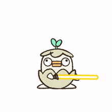a cartoon of a duck with a plant on its head holding a light saber