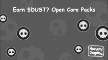 a bag of hungry degen is surrounded by skulls on a gray background