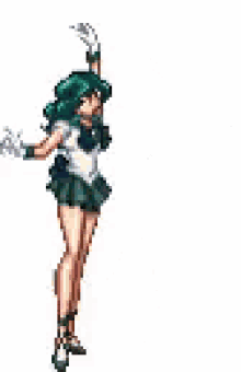 a pixel art of a girl in a green skirt dancing .