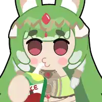 a cartoon drawing of a girl with green hair drinking from a bottle that says ce