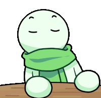 a cartoon character wearing a green scarf and sitting on a table