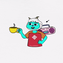 a cartoon character with horns is holding a cup of coffee and a boombox with the words good morning written on it