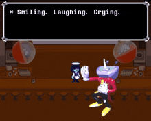 a pixel art drawing of a robot with the words smiling laughing crying