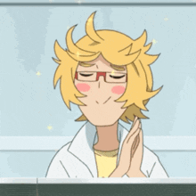a cartoon character with yellow hair and red glasses is clapping
