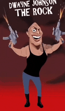a cartoon of dwayne johnson holding two guns and smiling