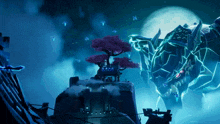 a video game scene with a giant monster and a purple tree