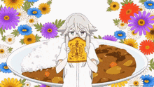 a cartoon of a woman holding a bag of curry in front of a plate of rice and flowers