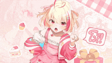 a girl with blonde hair and red highlights is standing next to a gift box and a cupcake