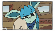 a cartoon drawing of a rabbit with a blue scarf around its neck and a watermark that says pixies club