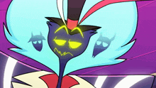 a cartoon character with blue hair and a top hat has a yellow face