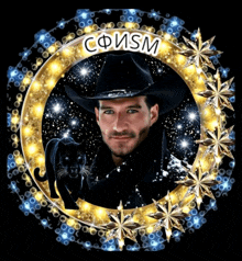 a picture of a man in a cowboy hat with a black panther in a circle with the word cfism above him