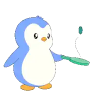 a cartoon penguin is holding a green object in its hand