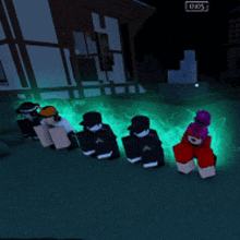 a group of roblox characters are standing in front of a building with a bbc logo in the background