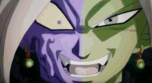 a close up of a cartoon character 's face with a purple and green half .