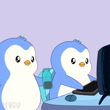 two penguins are sitting in front of a computer and the word pengu is on the bottom right