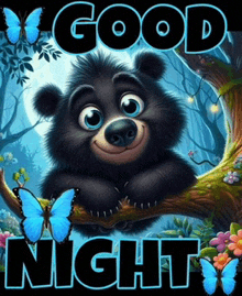 a cartoon bear is sitting on a tree branch with butterflies and the words good night written below it