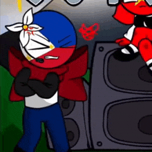 a cartoon character with a flower in his hair is standing in front of a speaker .