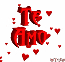 a graphic that says te amo with hearts around it