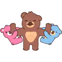 a brown teddy bear with a mustache is holding two pink and blue teddy bears