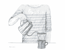 a drawing of a person pouring coffee with the words take it written on the shirt