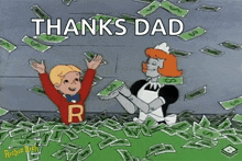 a cartoon of a boy holding a pile of money next to a woman .