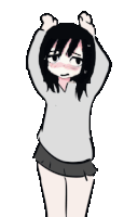 a drawing of a girl with black hair holding her head with her hands