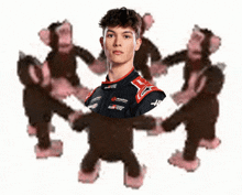 a man in a racing suit is surrounded by monkeys