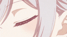 a close up of a anime girl 's eyes with a purple pupil